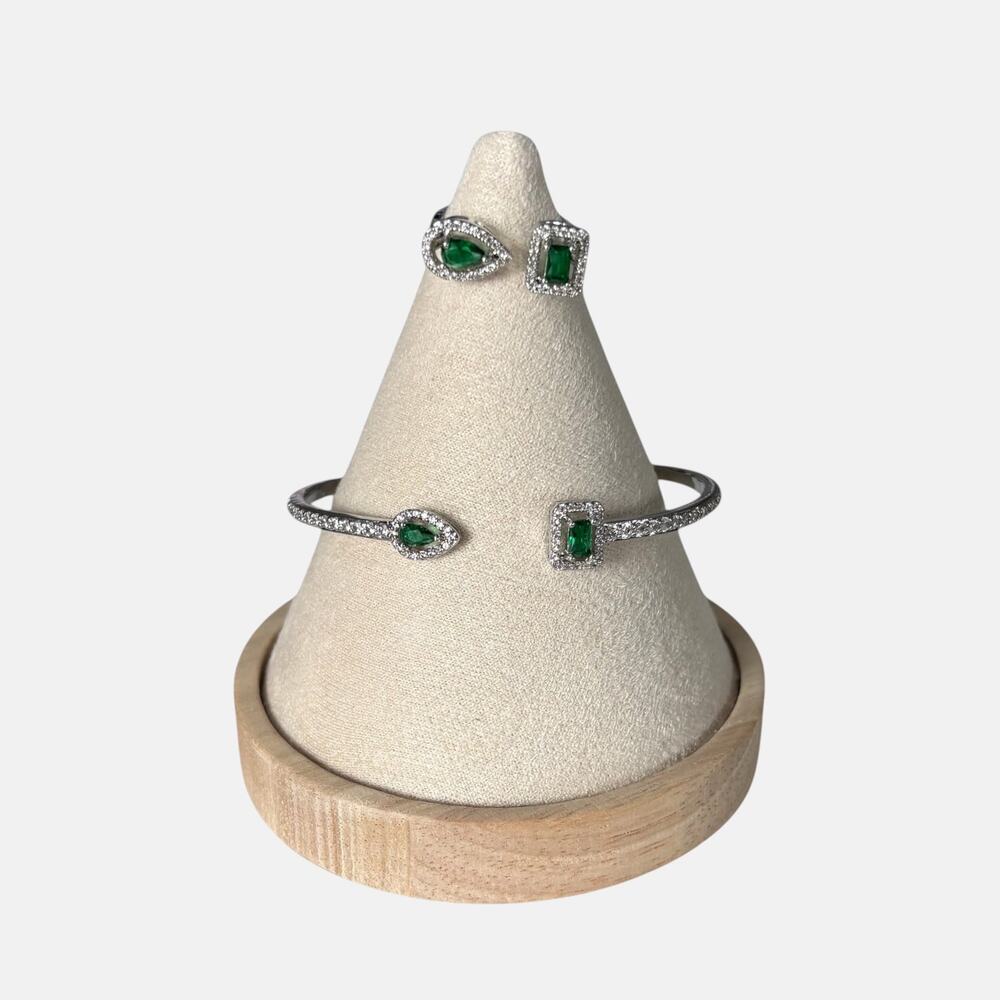 Green Silver Adjustable Bangle & Ring Set
